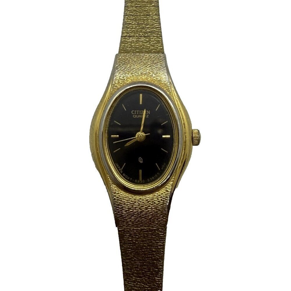 Vtg Citizen CQ Women's Watch Black Dial Gold Tone Oval 5930-S25350 17mm Dainty
